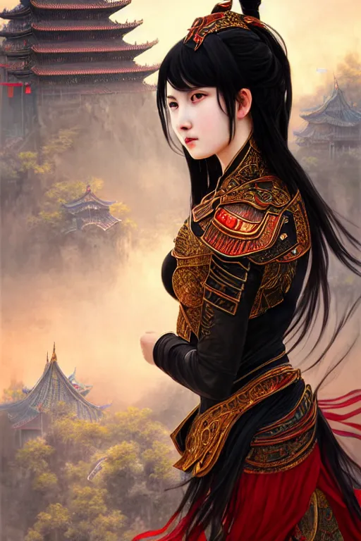 Image similar to portrait black hair young knights of Dynasty Warriors girl, metallic red mirror armor, in ruin chinese temple rooftop sunset, ssci-fi and fantasy, intricate and very beautiful and elegant, highly detailed, digital painting, soft light, artstation, concept art, smooth and sharp focus, illustration, art by tian zi and WLOP and alphonse mucha