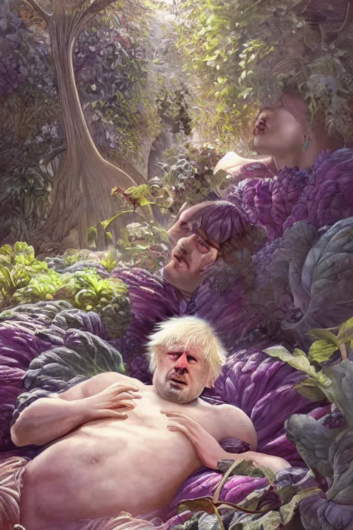 Image similar to boris johnson as garden bed for cabbage, realistic portrait, symmetrical, highly detailed, digital painting, artstation, concept art, smooth, sharp focus, illustration, cinematic lighting, art by artgerm and greg rutkowski and alphonse mucha