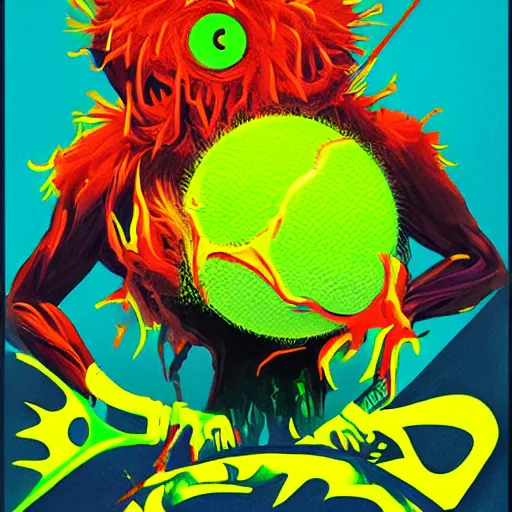 Image similar to a tennis ball monsters ,tennis ball, colorful, digital art, fantasy, magic, trending on artstation, ultra detailed, professional illustration poster by Basil Gogos