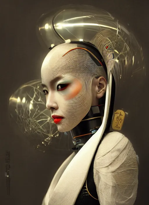 Image similar to portrait of a futuristic geisha cyborg, kintsugi, modern fine art, fractal, intricate, elegant, highly detailed, digital photography, subsurface scattering, by jheronimus bosch and we andersom and greg rutkowski,