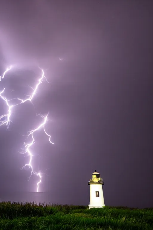 Prompt: photo lighthouse on island, heavy rain, lightning storm, boat lights in distance, night, light shining, XF IQ4, 150MP, 50mm, f/1.4, ISO 200, 1/160s, natural light, Adobe Photoshop, Adobe Lightroom, DxO Photolab, polarizing filter, Sense of Depth, AI enhanced, HDR