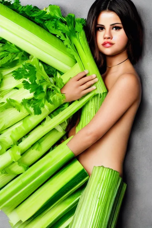 Image similar to selena gomez made out of celery, a human face with celery for hair, celery in the shape of a human face, a bunch of celery sitting on a cutting board, professional food photography