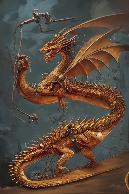 Prompt: illustration, live dragon, old sick gold and crimsoned scaled asian style dragon on a victorian plank of machinery with wires and gears and steam punk apparatus, matte painting, style of studio ghibli, concept art, featured in artstation and artgerm and pixiv, award winning, cinematic, 8 k