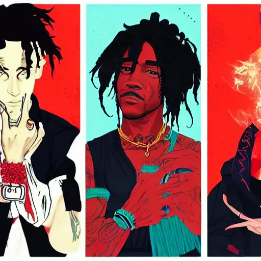 Prompt: Album art Young Thug, Playboi Carti and Lil Uzi Vert, Ninja Scrolls, Gang, Draco, Blood, red smoke, by Sachin Teng, by artgem, Trending on artstation