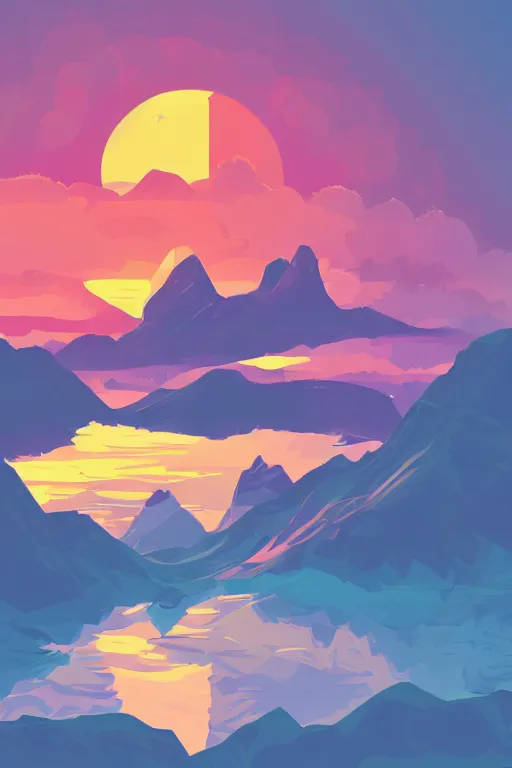 Image similar to sunrise mountain water vector illustration digital art by james gilleard trending on artstation