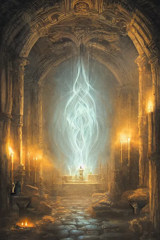 Prompt: Detailed Interior of Monastery Ruins, Smouldering Blue Incense, light of god, light shafts, candles, stunning atmosphere, in Style of Peter Mohrbacher, cinematic lighting