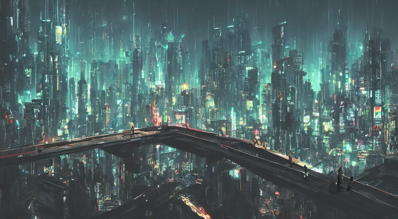 Image similar to a man standing on top of a bridge over a city, cyberpunk art by Vincent Lefevre, behance contest winner, altermodern, cityscape, synthwave, matte painting