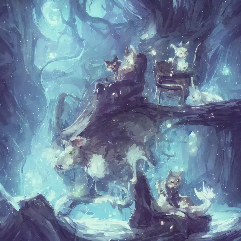 Image similar to anime cat with cloak sitting on a magical wood carved chair, super powers, glowing tiny blue lines, concept art, by greg rutkowski, overdetailed art