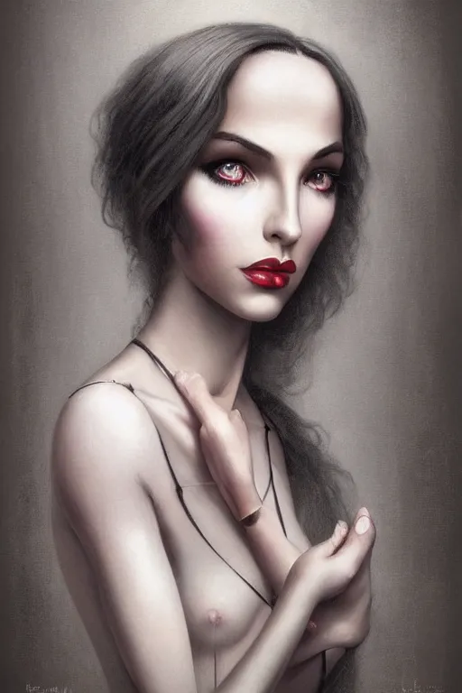 Image similar to Film noir portrait of a beautiful female dollpunk with thin lustrous hair wearing a bodysuit, focus, detailed, realistic eyes, symmetric body features proportions, intricate details, award winning, by Tom Bagshaw