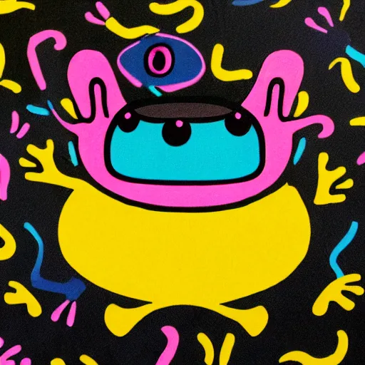 Prompt: blue frog with big illusion eyes in a black hoddie close to pink mushroom in front of a yellow wall, highly detailed, 4 k