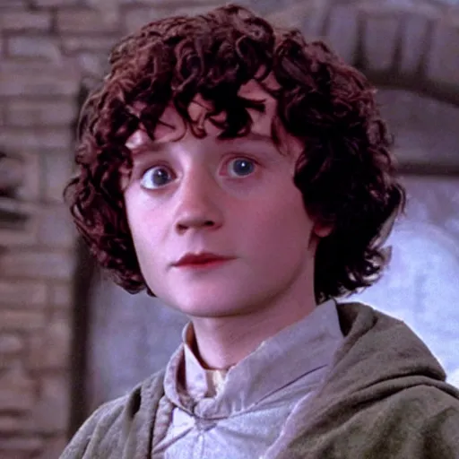 Image similar to still of frodo baggins looking up wearing the sorting hat, in harry potter and the philosopher's stone ( 2 0 0 1 )