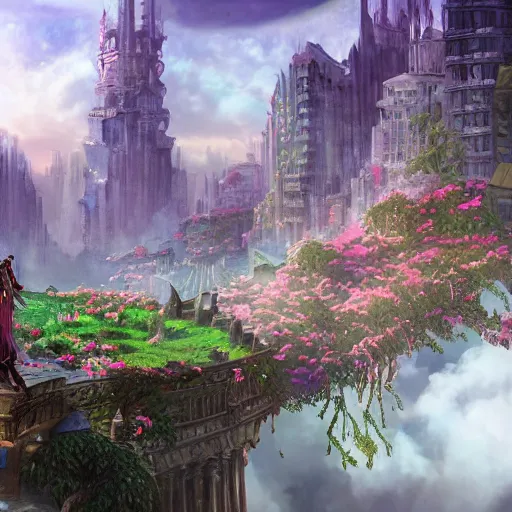 Prompt: An epic fantasy comic book style painting of a dream city floating on the clouds with Giant flowers, intricate, epic, depth, hyperrealistic, octane render, dynamic lighting