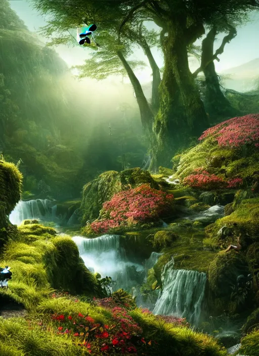 Image similar to an elegant fairy flying in the distance, in the lord of the rings scenery landscape, vast lush valley flowers and mushroom structures, stream, sunrise, god's rays highly detailed, vivid color, cinematic lighting, perfect composition, 8 k, gustave dore, derek zabrocki, greg rutkowski, belsinski, octane render