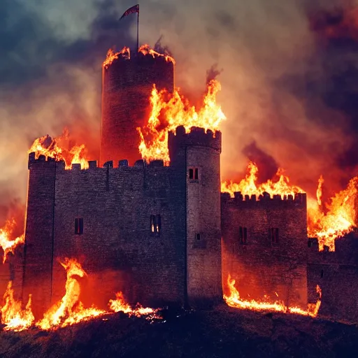 Image similar to Siege of a burning medieval castle, XF IQ4, 150MP, 50mm, f/1.4, ISO 200, 1/160s, natural light, Adobe Photoshop, Adobe Lightroom, DxO Photolab, polarizing filter, Sense of Depth, AI enhanced, HDR