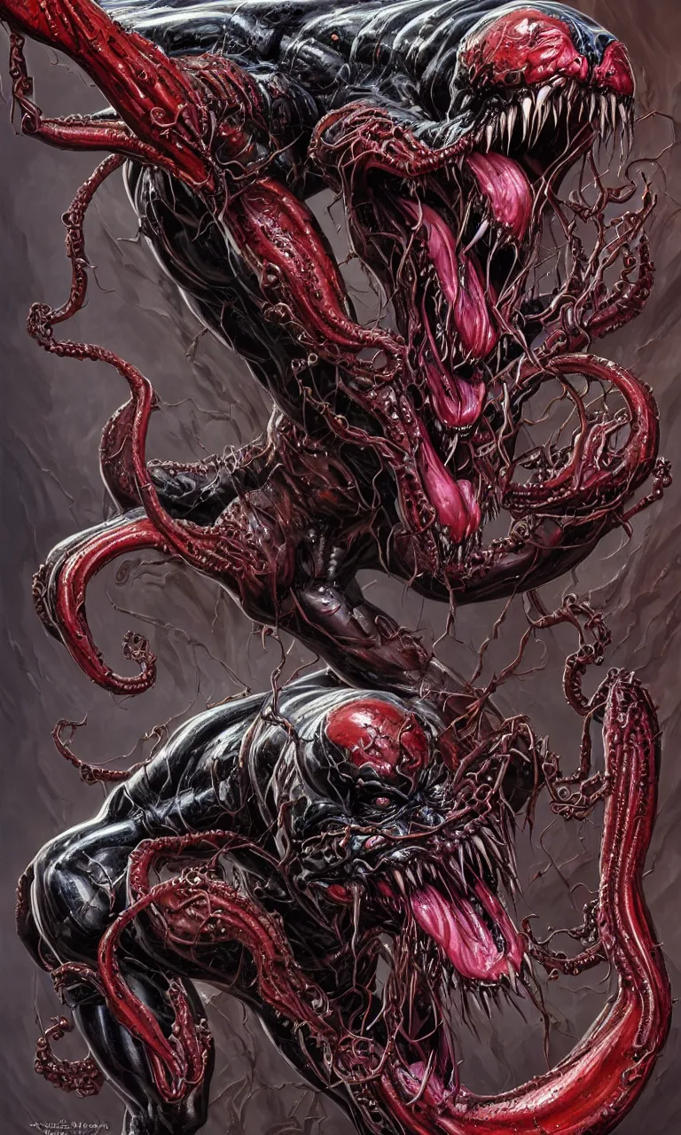 Prompt: hyper realist three quarter angle full body long shot of bodybuilder venom from marvel comics!!!!, large mouth with teeth, large tongue, lovecraftian horror!!, fantasy, intricate, elegant, highly detailed, digital painting, artstation, concept art, matte, sharp focus, illustration, art by glenn fabry and giger