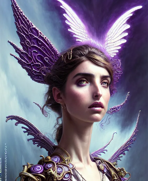 Image similar to beautiful fantasy character portrait, ana de armas, ultra realistic, wide angle, intricate details, the fifth element artifacts, tesseracts, highlights of purple, highly detailed by peter mohrbacher, hajime sorayama, wayne barlowe, boris vallejo, paolo eleuteri serpieri, dishonored 2, white gown, angel wings