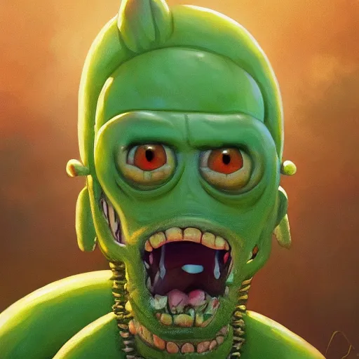 Image similar to pickle rick closeup portrait, dramatic light, lake background, 2 0 0 mm focal length, painted by stanley lau, painted by greg rutkowski, painted by stanley artgerm, digital art, trending on artstation