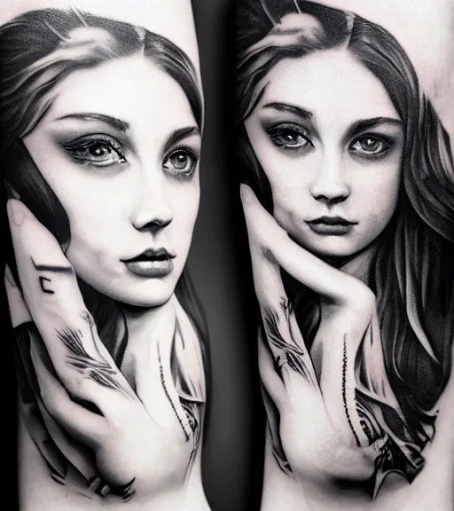 Image similar to a beautiful girl portrait, faded mountain background, realism tattoo, in the style of den yakovlev, black and white, hyper realistic, highly detailed