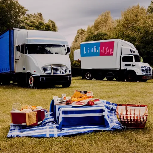 Prompt: two trucks having a picnic