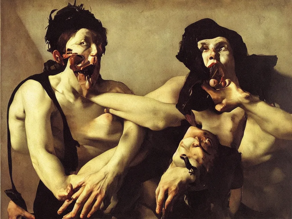 Image similar to Portrait of a lapis lazuli painted cannibal. Painting by Caravaggio, August Sander