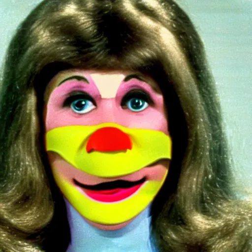 Prompt: woman with a long prosthetic nose 1977 wacky live-action childrens show technicolor film