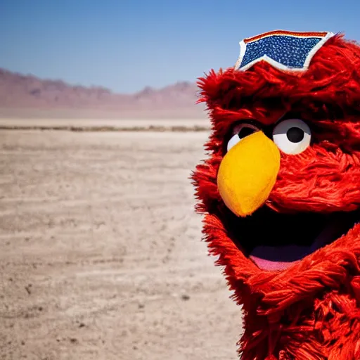 Image similar to Elmo dressed as a United States Marine in the desert sitting in a desert village, 8k, dramatic, depth of field,