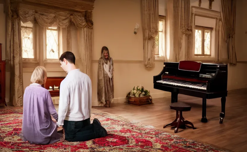 Image similar to a christian couple praying in a room with a piano, photo, sharp, 4k
