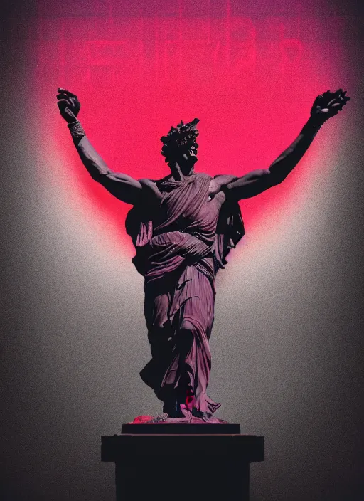 Image similar to black background with very subtle red and purple design elements, statue of julius caesar, nekro, graphic design, collage art, thin lines, dark, glitch art, neo vaporwave, gritty, layout frame, square, trending on artstation