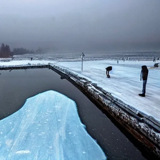 Prompt: a frozen lake with a city beneath it, fantastical, realistic