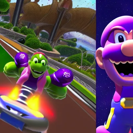 Image similar to Thanos in Mario Kart Game, screenshot from the game,artstation, hyperdetalied,high quality, high rendering, realistic,HD,