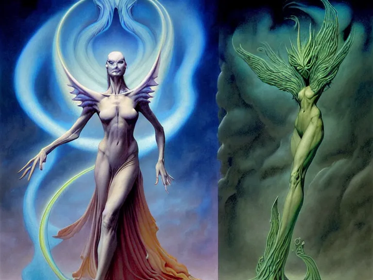 Image similar to the female arcanist and the male artificer by boris vallejo and roger dean and brom and zdzisław beksinski and greg staples and louis janmot, beautiful, flowing magical robe, highly detailed, hyperrealistic, intricate, energy, electric, blue flame, low light, green crystal, high contrast, old and young, lifelike