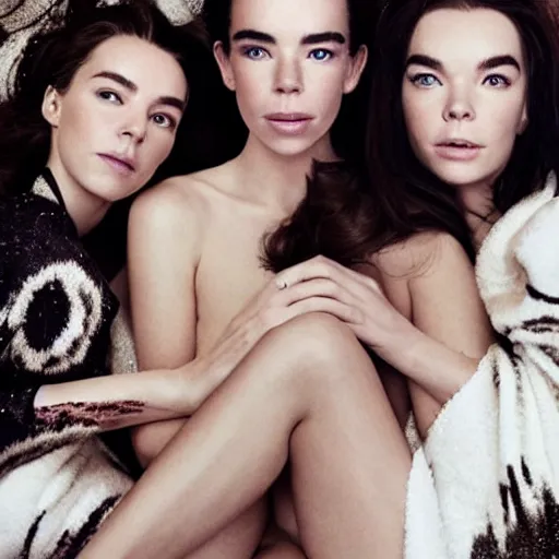 Image similar to stunning vogue magazine photo of dark - haired goddesses vanessa kirby, hailee steinfeld, and bjork smiling, legs intertwined, laying back on the bed, sharing a towel, with wet faces!!, wet lips, smooth skin, perfect eyes, insanely detailed, elegant, by wlop, rutkowski, livia prima, mucha, wlop,