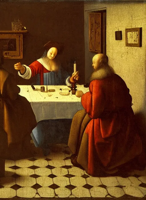 Image similar to a candlelit table at the inn, two people sitting at the table, swirling smoke, dark smoke, realistic, in the style of leonardo da vinci, dutch golden age, amsterdam, medieval painting by jan van eyck, johannes vermeer, florence