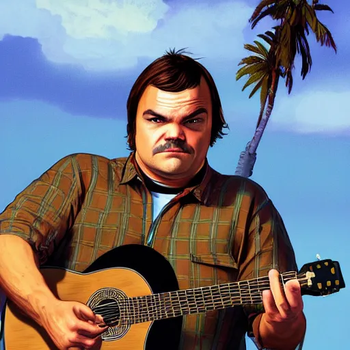 Prompt: jack black portrait with a guitar in gta v cover art, hyper realistic, highly detailed