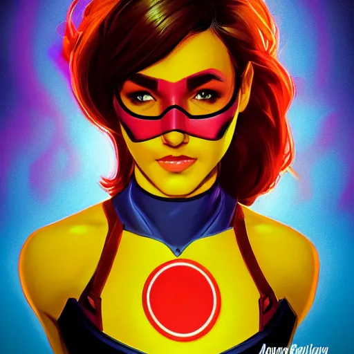 Prompt: Bright, colorful, realistic super hero dating sim single individual head shot cute female, backlighting, kodachrome, high contrast, highly detailed, sharp focus, digital painting, concept art, illustration, trending on artstation, comic book by Alex Ross cover art