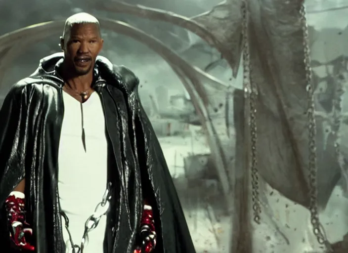 Image similar to film still of jamie foxx as spawn in the new spawn movie, giant chains, large cape, 8 k