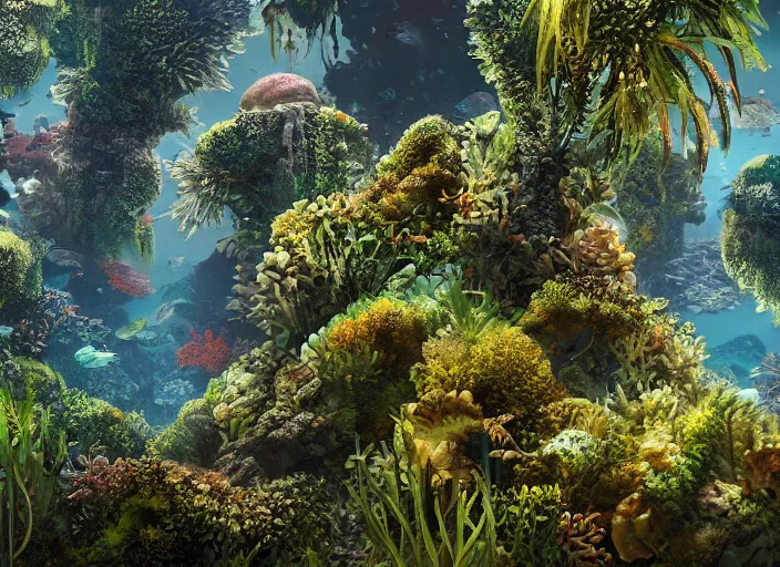 Image similar to overgrown foliage overtaking favela, underwater environment, buildings, coral, scenery, professional, award - winning, trending on artstation, detailed, realistic, beautiful, emotional, shiny, golden, picture