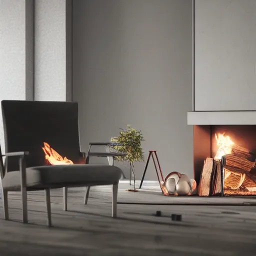 Image similar to two armchairs sitting in front of a cosy fireplace, modern home design interior, octane render, hyperrealistic, concrete archetecture, vray, volumetric lighting, cinema 4 d, unreal engine