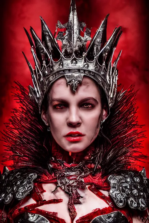 Image similar to the blood crown queen wear the scarlet armor, cinematic lighting, various refining methods, micro macro autofocus, ultra definition, award winning photo