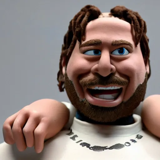 Image similar to post malone, made of clay, as a claymation character