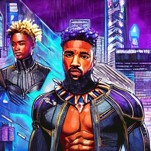 Image similar to high detailed kilmonger from black panther in a cyberpunk rainy city at night by eliran kantor, michael b jordan, hand drawn, illustration, purple and blue neons, unreal engine, high quality, 4 k, uhd, trending on artstation, wires, blade runner vibes, ghost in the shell, akira, dorohedoro