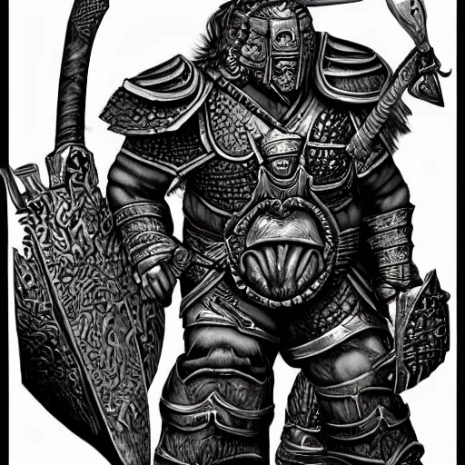 Image similar to ogre warrior wearing plated armor who is holding a battle axe in the style of warhammer fantasy : : head and torso drawing