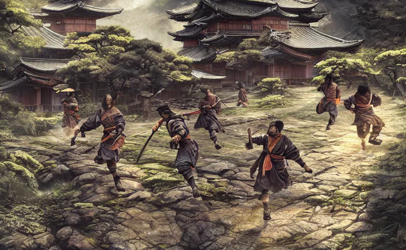 Image similar to highly detailed digital illustration of two shinobi warriors running through old, ruined, japanese village from sengoku period, surrounded by dense rock formations, high in mountains, cinematic lighting, photobash, raytracing, volumetric lighting