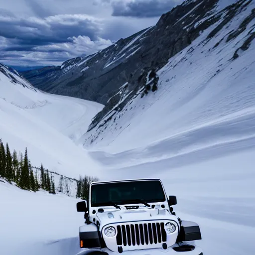 Image similar to white jeep wrangler driving up steep snowy mountain ridge on edge of a cornice, high quality digital art, dramatic lighting, cinematic, photo realism