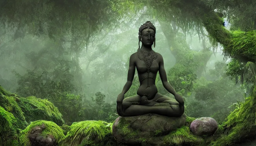 Prompt: concept art of a gargantuan statue of a goddess meditating, deep in the jungle, overgrown, covered in moss, ambient lighting, mist