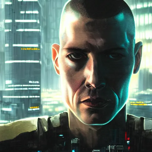 Image similar to cyberpunk, armitage, closeup portrait of an ex soldier with one artificial eye, brown buzzcut, dramatic light, city background, sunset, dystopian setting, high contrast, sharp, neuromancer, painted by stanley lau, painted by greg rutkowski, painted by stanley artgerm, digital art, trending on artstation