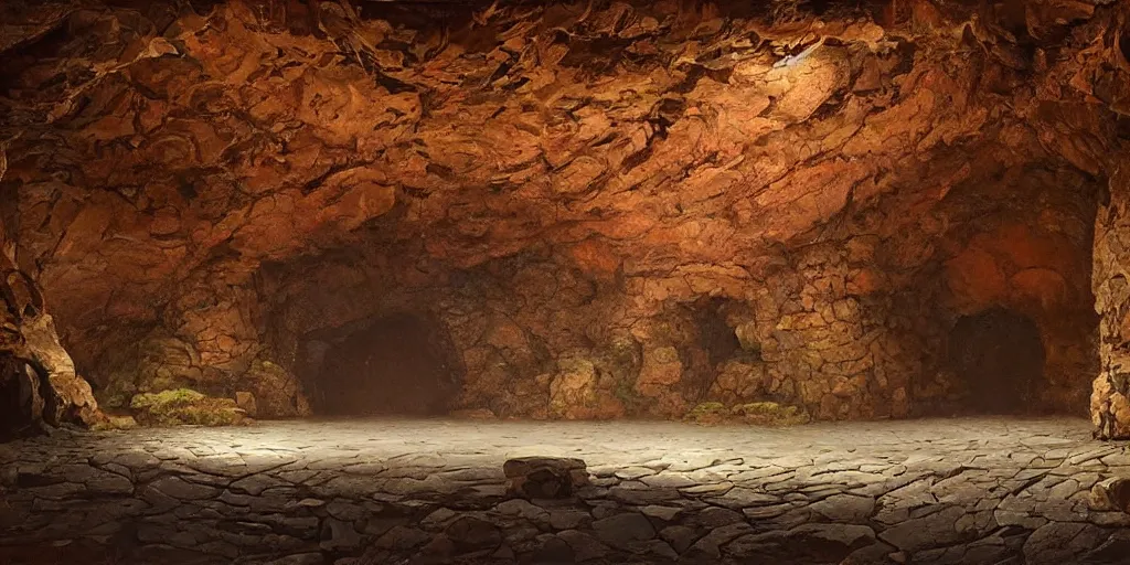 Image similar to painting of majestic curved wall in a dark cave with rocky ground and mosaics, minimal, art by james gurney and greg rutkowski, vivid colors