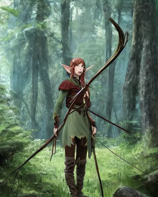 Image similar to an elven hunter standing in the woods holding a bow, wearing a tribe hunting outfit. green, luscious, overgrown forest. By Makoto Shinkai, Stanley Artgerm Lau, WLOP, Rossdraws, James Jean, Andrei Riabovitchev, Marc Simonetti, krenz cushart, Sakimichan, D&D trending on ArtStation, digital art.