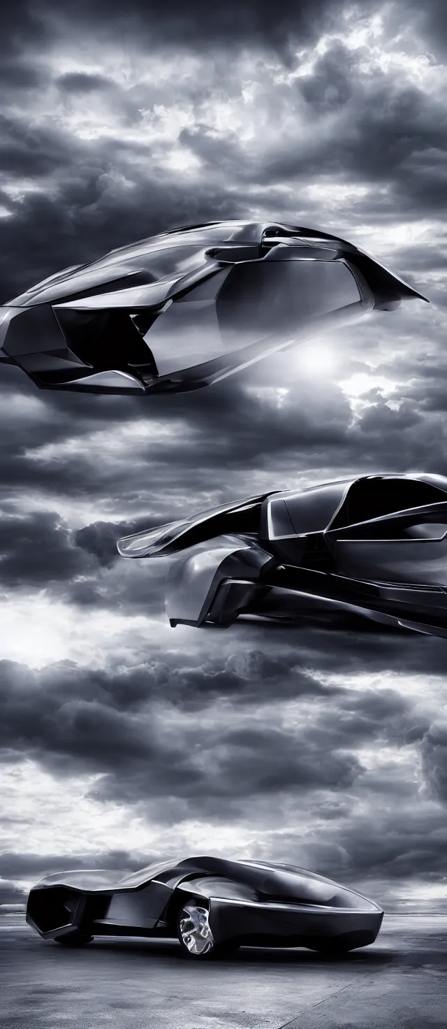Prompt: futuristic luxury car from the year 2052, professional studio photography, award winning, dramatic lighting, clouds, sunset