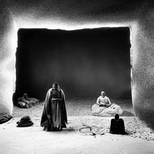 Prompt: an indigenous crowd of spiritual healers, shadows coming from dust mountain of shaman bodies in sandstorm, under abduction light portal, gregory crewdson, joel peter witkin, sebastiao salgado